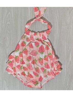 Mud Pie 3-6m NWOT Strawberry Berry bubble romper halter ruffles cotton sunsuit